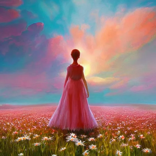Prompt: giant white daisy flower as face, full body girl standing in a flower field, surreal photography, sunrise, dramatic light, impressionist painting, colorful clouds, digital painting, artstation, simon stalenhag