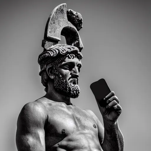 Image similar to photography portrait of a spartan holding a cell phone, ancient greece, leica 1 0 0 mm f 0. 8