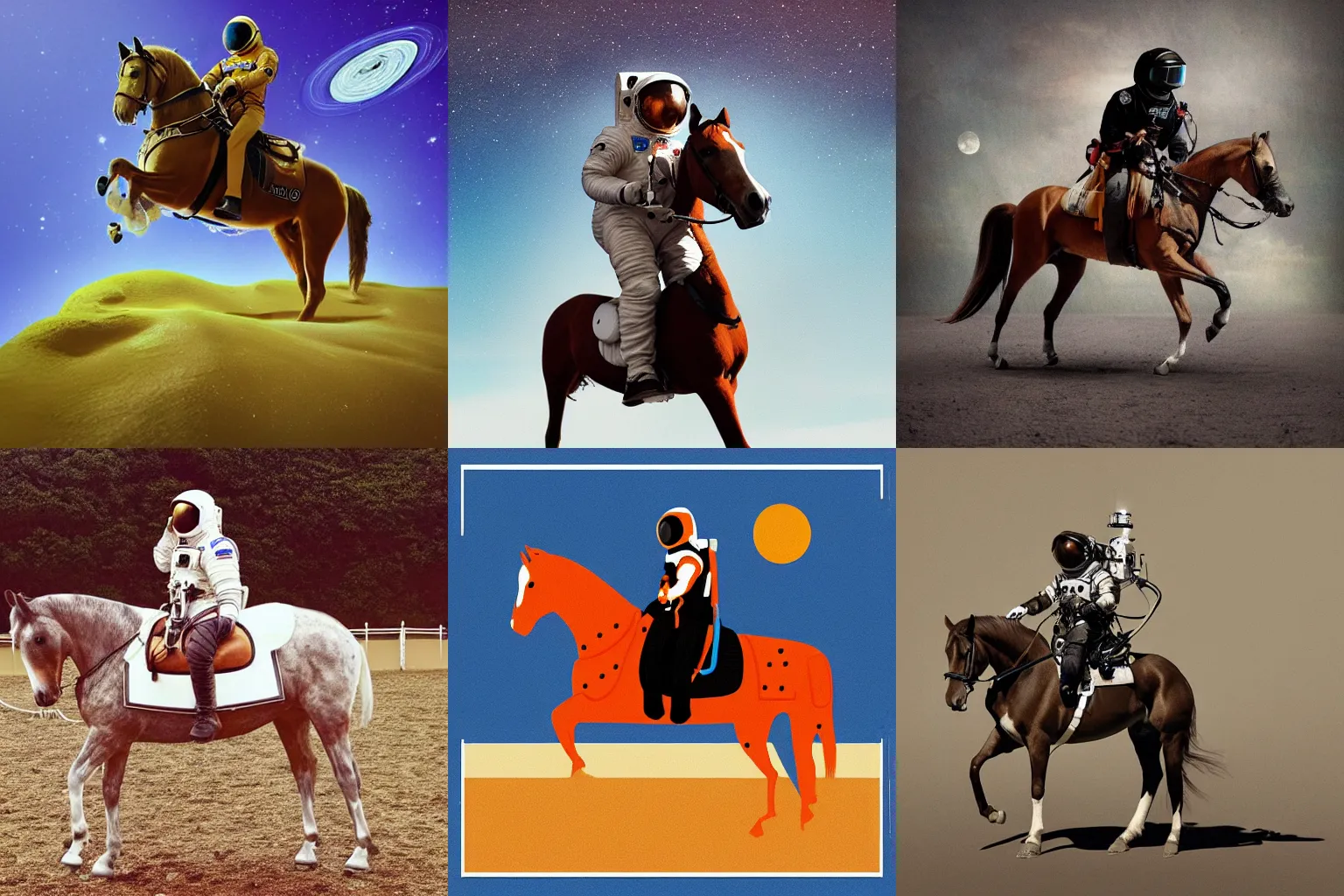 Prompt: an astronaut riding a horse, camera footage, album cover