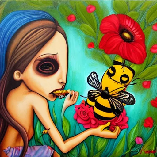 Prompt: macabre painting of a flower eating a bee by jeremiah ketner | horror themed | creepy