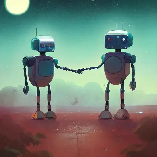 Prompt: Two robots hugging each other while watching a shooting star in the night sky, cinematic lighting, insanely detailed, intricate, artstation, cgsociety, painted by Simon Stalenhag, concept art, illustration, sharp focus,