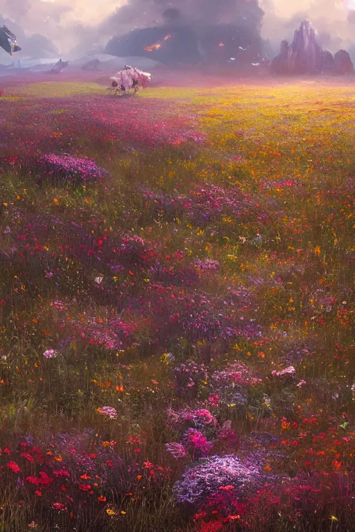 Image similar to A colourfull meadow by Greg Rutkowski, Sung Choi, Mitchell Mohrhauser, Maciej Kuciara, Johnson Ting, Maxim Verehin, Peter Konig, final fantasy , 8k photorealistic, cinematic lighting, HD, high details, atmospheric,