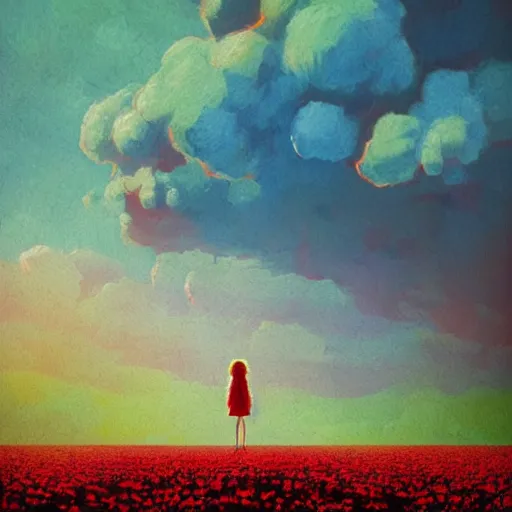 Image similar to large red flowers afro, full body, girl standing in the middle of a field with flowers, surreal photography, hills, sunrise dramatic light, impressionist painting, colorful clouds, digital painting, pointillism, artstation, simon stalenhag
