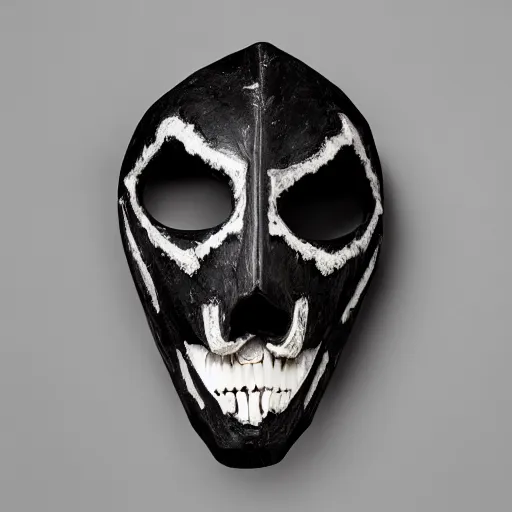 Prompt: symmetrical product photograph of a highly detailed ominous mask made from fragmented bone and obsidian, angry