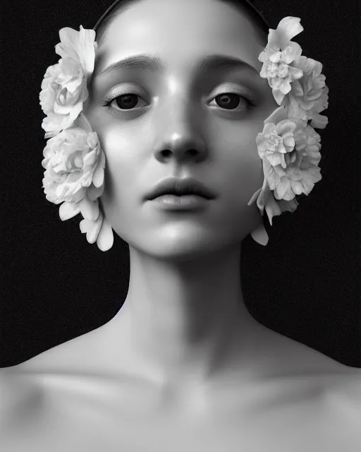 Image similar to dreamy, monochrome, subsurface scattering, white, young beautiful flower - cyborg goddess in cosmos, black and white, octane render, dino valls, mark ryden, highly detailed, rim light, art, cinematic lighting, very coherent, hyper realism, 8 k