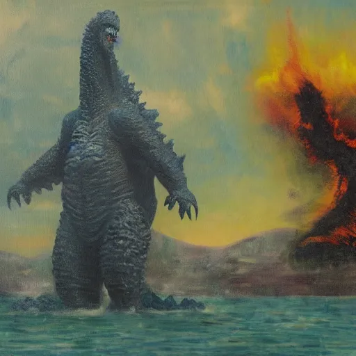 Image similar to impressionist painting of Godzilla in the style of Charles R. Knight