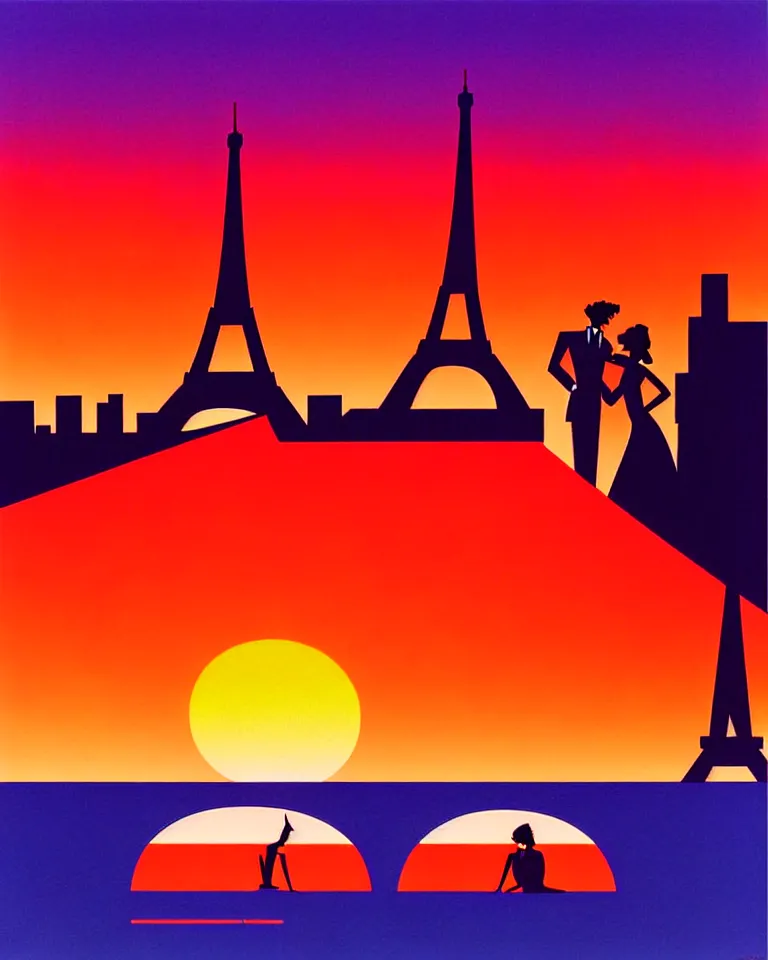 Prompt: gorgeous romantic sunset, cliffside onlooking the beautiful city of paris, warm colors, in the style of hiroshi nagai, very detailed, 8 0 s