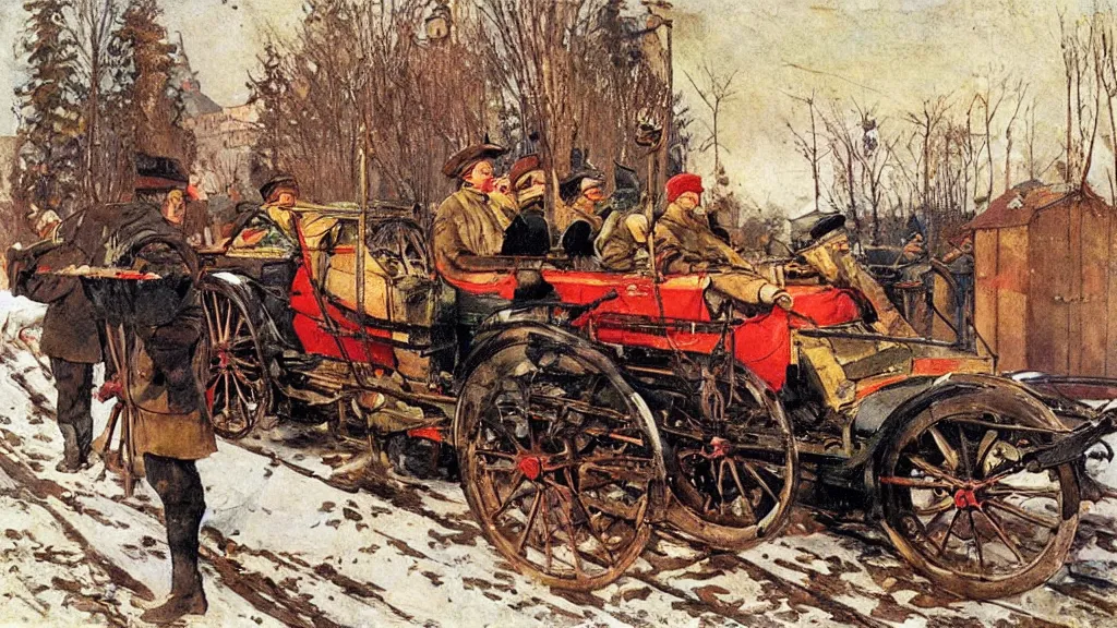 Prompt: russian revolution diesel - powered 1 9 1 0, painting by carl larsson