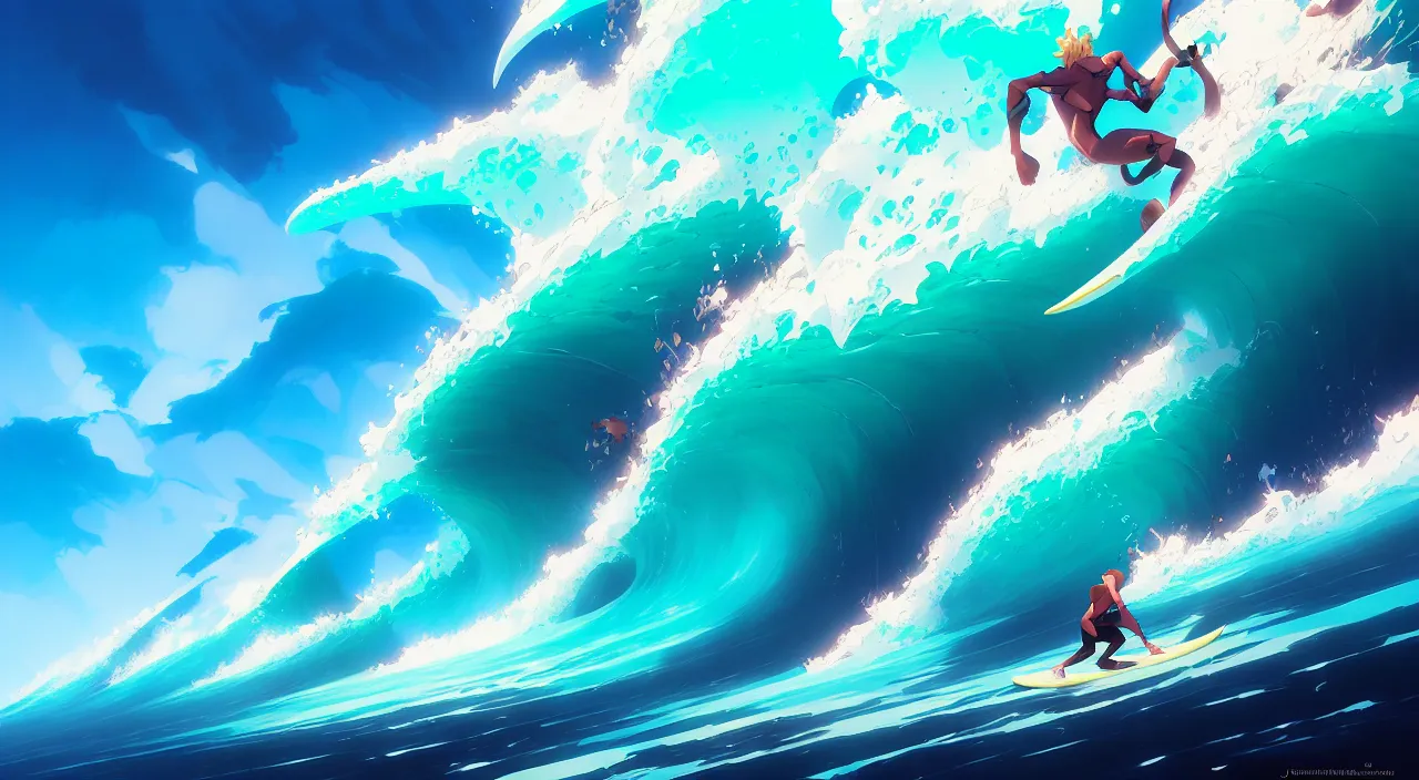 Image similar to large beautiful surfing waves, in marble incrusted of legends official fanart behance hd by jesper ejsing, by rhads, makoto shinkai and lois van baarle, ilya kuvshinov, rossdraws global illumination