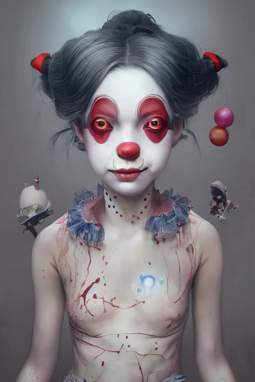 Image similar to breathtaking detailed painting of clown girl , with anxious, piercing eyes, Atari game cover art by Hsiao-Ron Cheng, James jean, Miho Hirano, Hayao Miyazaki, extremely moody lighting, hyperrealistic, octane render, RPG portrait, ambient light, dynamic lighting