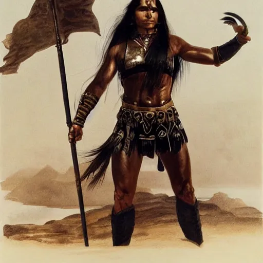 Prompt: strong native american female beauty with long black hair in a ponytail and muscular figure, wearing ancient greek black leather armor with bronze ornamental, she is a fighter standing on a vulcanic black beach, low angle, white clouds, beautiful highly detailed art like Alfred von Wierusz-kowalski, Adrian Wilkins, Anders Zorn, Ben Maier, Magic the Gathering and Johannes Voss, trending on artstation