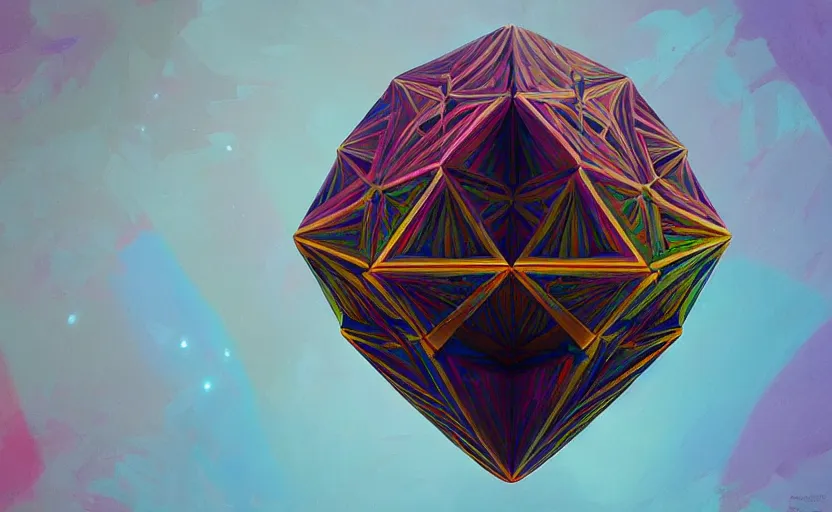 Image similar to a painting of a sierpinski icosahedron trending on artstation in the style of greg rutkowski, 3 d, fractal, 4 d, endless, rainbow, geometric tesseract, symmetry