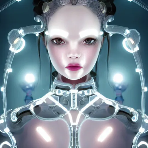 Prompt: very up close symmetrical sci fi portrait of fashion elegant sophisticated of a translucent digital porcelain very beautiful cyborg lolita girl, dramatic lighting, ultra detailed ornate neon wire decoration, radiant skin, rich luscious thick hair, complex white nano mechanical baroque flowers, micro detail, by satoshi kon, sharp focus, trending on artstation hq, deviantart, pinterest, unreal engine, 8 k