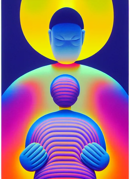 Image similar to meditaiting by shusei nagaoka, kaws, david rudnick, airbrush on canvas, pastell colours, cell shaded!!!, 8 k
