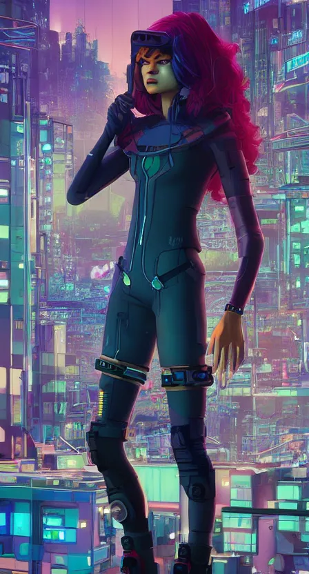 Image similar to zendaya as a cyberpunk hero standing on the rooftop of cybertown, art poster, full body, t - pose, character design, ambient lighting, 4 k, lois van baarle, ilya kuvshinov, rossdraws, alphonse mucha, jung gi kim, dylan kowalsk, artstation