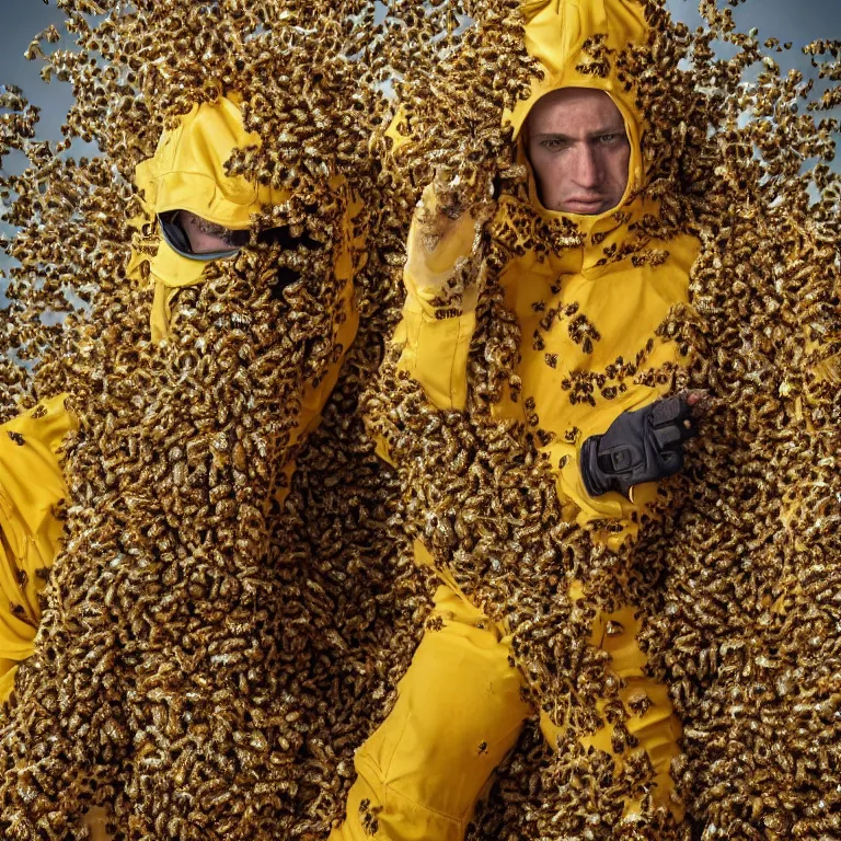 Prompt: high fashion photoshoot octane render portrait by wayne barlow and carlo crivelli and glenn fabry, a man wearing a bee - keeping suit while completely covered in honey and bees, inside a colorful field of beautiful multi - colored flowers, very short depth of field, bokeh