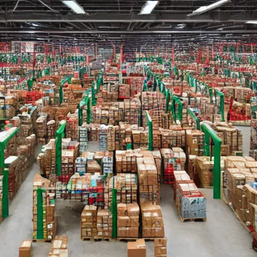 Prompt: a picture of a warehouse full of boxes with green patches over the top of each one and red patches over the sides of each one