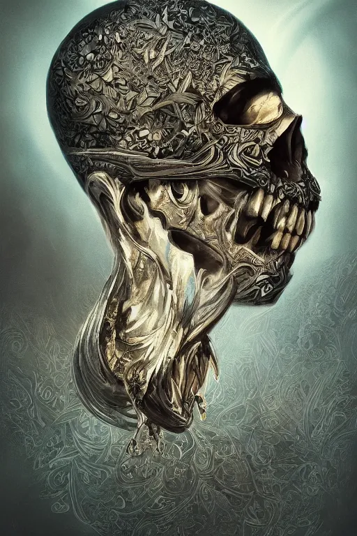 Prompt: concept art skull, the skull is decorated with art deco patterns, close - up portrait, powerfull, intricate, elegant, volumetric lighting, scenery, digital painting, highly detailed, artstation, sharp focus, illustration, concept art, ruan jia, steve mccurry