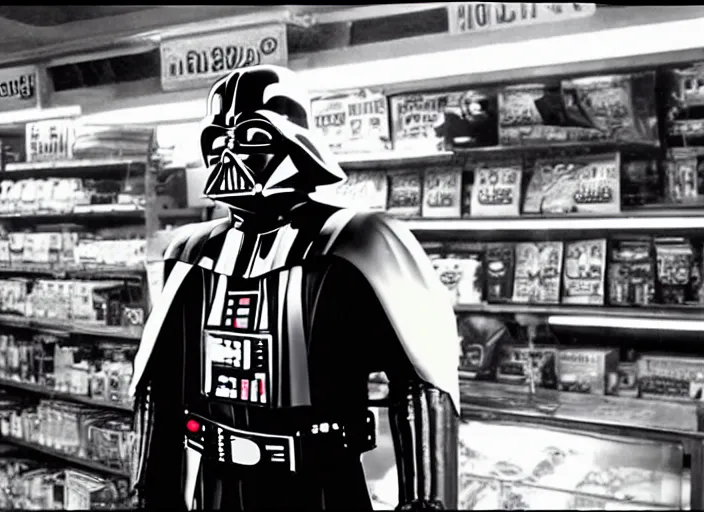 Image similar to film still of Darth Vader working as a clerk in a convenience store in the new Clerks movie 1994