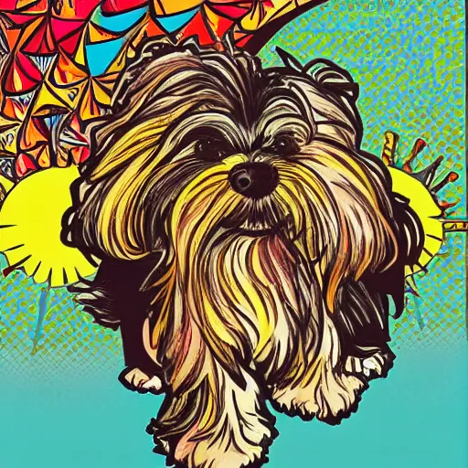 Image similar to havanese dog, sunset illustration, pop art, splash painting, art by geof darrow, ashley wood, alphonse mucha