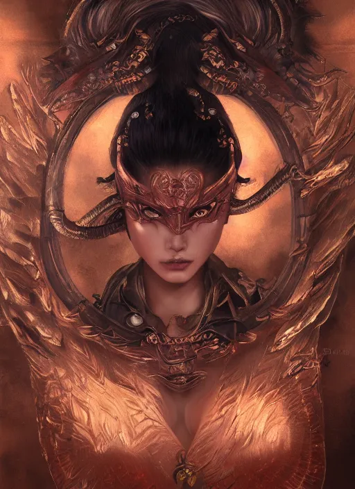 Image similar to a beautiful detailed oil on copper art illustration of a japanese kokushikijo mask devil woman, centered, by charlie bowater, zeng fanzh, trending on artstation, dim dusk lighting, cinematic lighting, detailed lighting, volumetric lighting, realistic, f 8, 4 k hd wallpaper