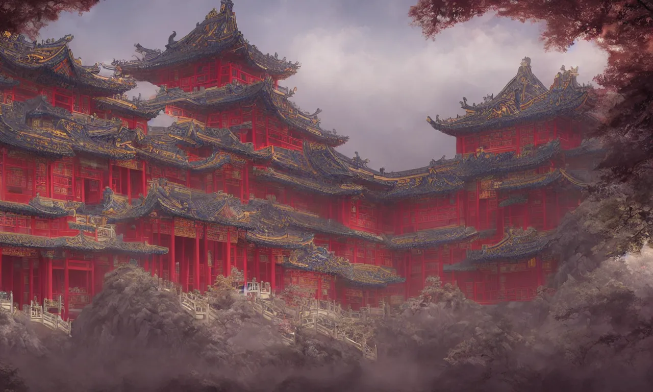 Image similar to A Chinese style splendid palace of the game concept scene original painting, super wide angle, magnificent and gorgeous atmosphere，matte painting，rtx on，by moebius, Neil Blevins and Jordan Grimmer，trending on cgsociety and artstation, unreal engine，Volumetric light，surreal