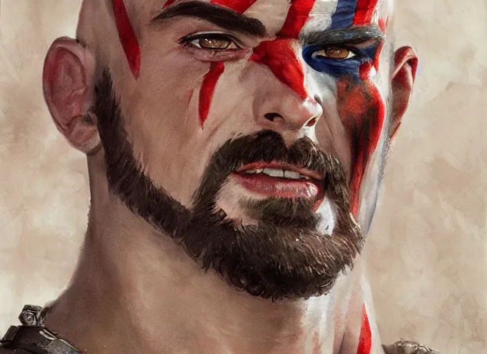 Prompt: a highly detailed beautiful portrait of chris evans as kratos, by gregory manchess, james gurney, james jean