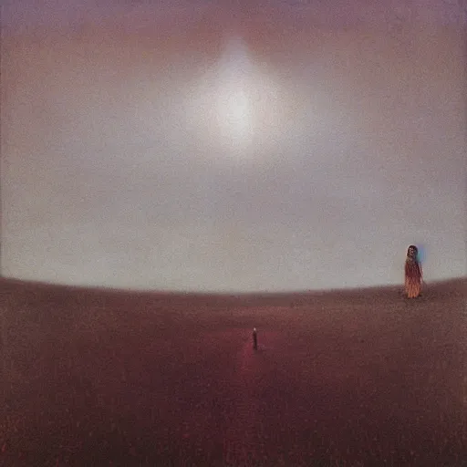 Prompt: lone girl travelling on the road, around her strange landscape by Beksinski