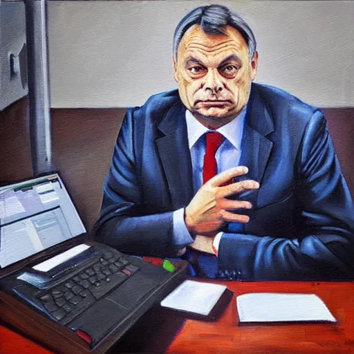 Image similar to viktor orban programming in a cubicle, oil painting