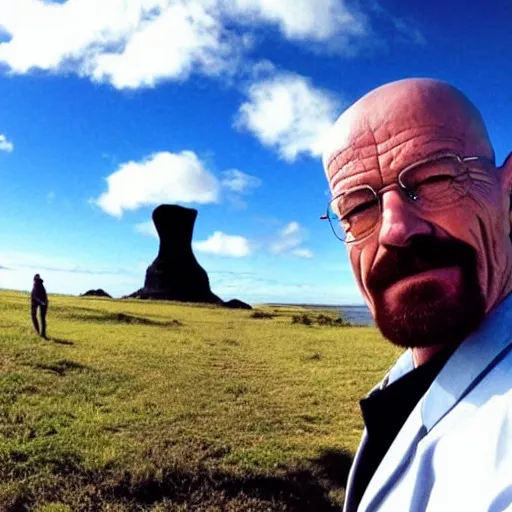 Prompt: walter white taking a selfie on rapa nui