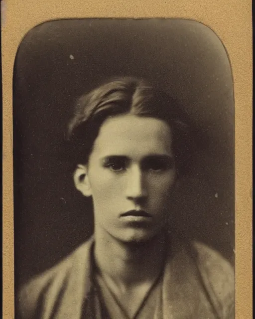 Image similar to tintype photo of alyosha karamazov, handsome innocent young russian man, by julia margaret cameron 1 8 8 0 s, realistic, body shot, sharp focus, 8 k high definition, insanely detailed, intricate, elegant