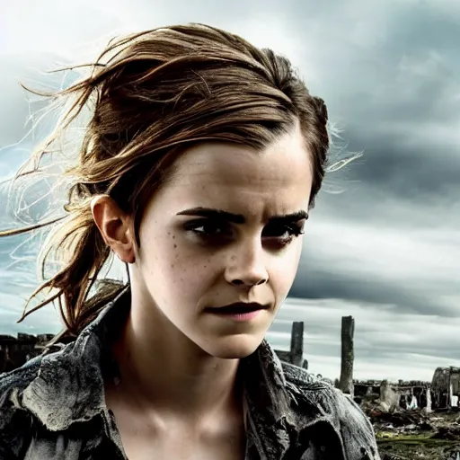 Image similar to concerned and tired emma watson in shredded dirty clothes rags, in the ruins of civilization after the apocalypse, looming city ruins backdrop, hd photo, high detail