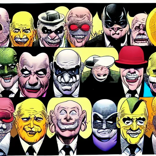 Prompt: drawing of 1 4 tiny jokers crawling out the mouth of gotham city's finest investigative reporter, 4 k art by brian bolland, graphic novel art