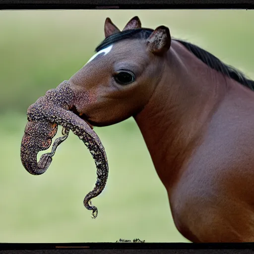 Prompt: photograph of a half horse half octopus bird