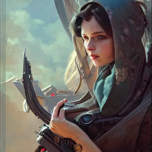 Prompt: portrait painting of a futuristic female rebel, ultra realistic, concept art, intricate details, eerie, highly detailed, photorealistic, octane render, 8 k, unreal engine. art by artgerm and greg rutkowski and alphonse mucha