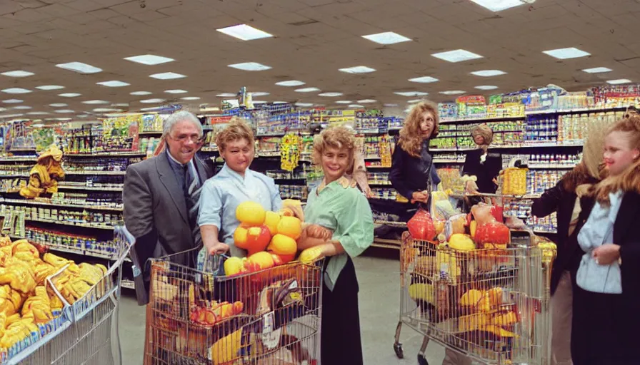 Image similar to 1990s candid photo of a beautiful day at the grocery store, cinematic lighting, cinematic look, golden hour, large costumed mascot business people giving space presentations to families, Enormous personified business people with outstandingly happy faces coming out of a portal and talking to families about space, UHD