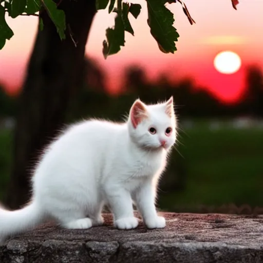 Prompt: white kitten eating grapes under the sunset, aesthetic