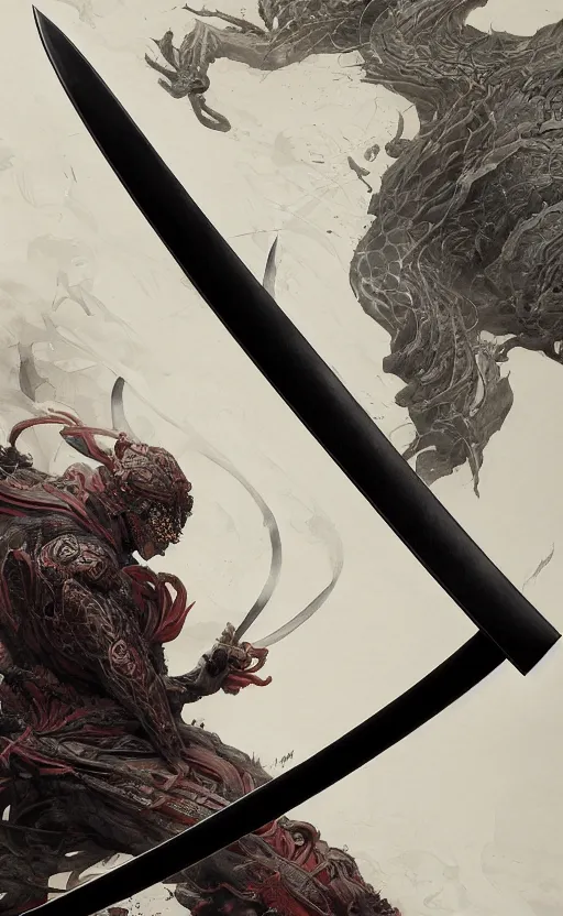 Image similar to close view of japanese sword object, black show room in background, front game card, drark, marvel comics, dark, intricate, highly detailed, smooth, artstation, digital illustration by ruan jia and mandy jurgens and artgerm and wayne barlowe and greg rutkowski and zdislav beksinski