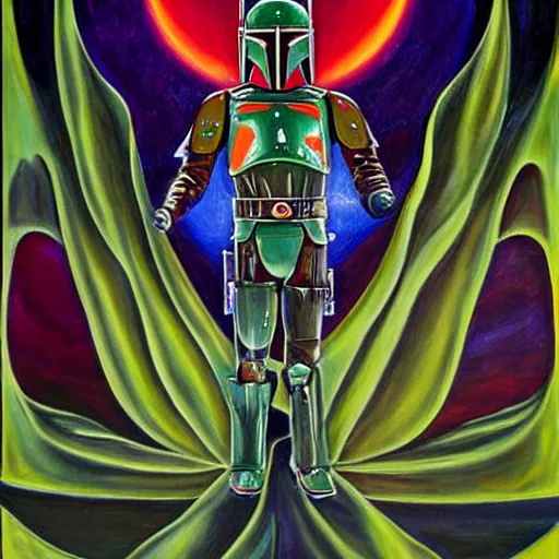 Image similar to a painting of elegant boba fett praying designed by alex grey, flooko, etheral, glows,