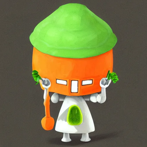 Image similar to little robot with big avocado hat and a carrot sword, made in abyss style