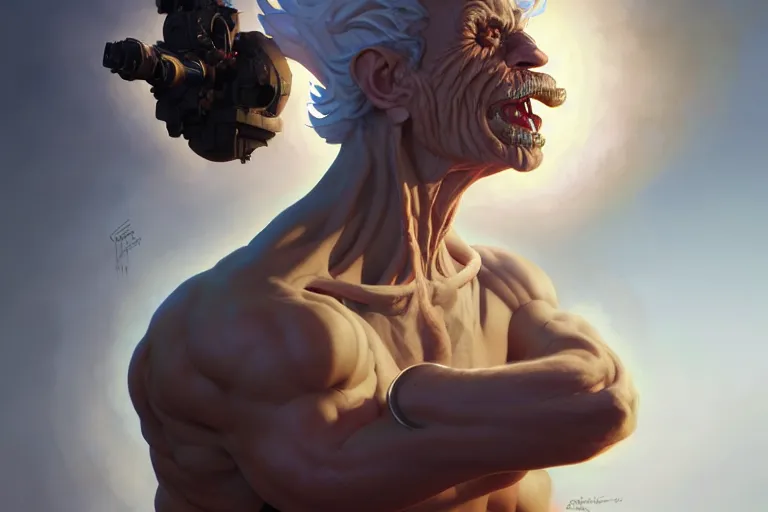 Image similar to rick sanchez, hyper detailed, digital art, artstation, natural lighting, studio quality, smooth render, by caravaggio, artgerm, greg rutkowski, peter mohrbacher, hajime sorayama, boris vallejo, craig mullins