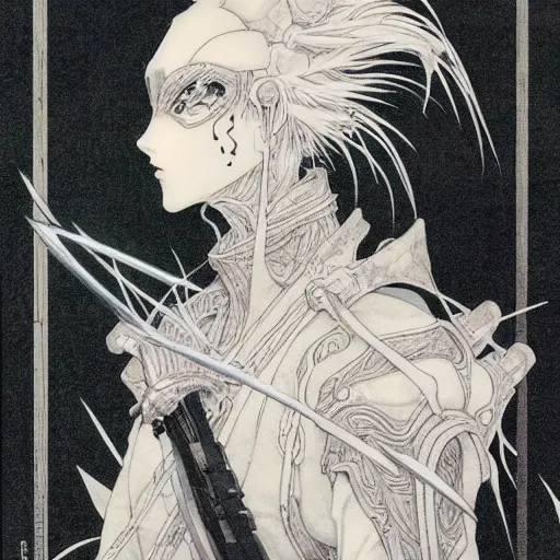 Image similar to prompt : black and white portrait soft light painted by takato yamamoto, enhanced armor, inspired by ghost in shell anime, smooth face feature, intricate oil painting, high detail, sharp high detail, manga and anime 1 9 8 0