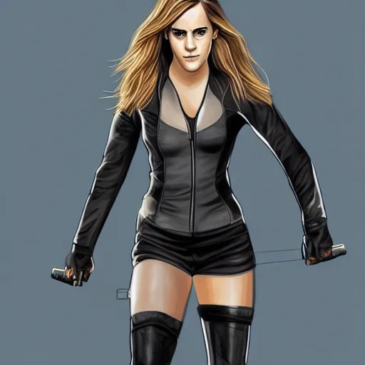 Image similar to Emma Watson as Black Canary, full body, digital painting, highly detailed