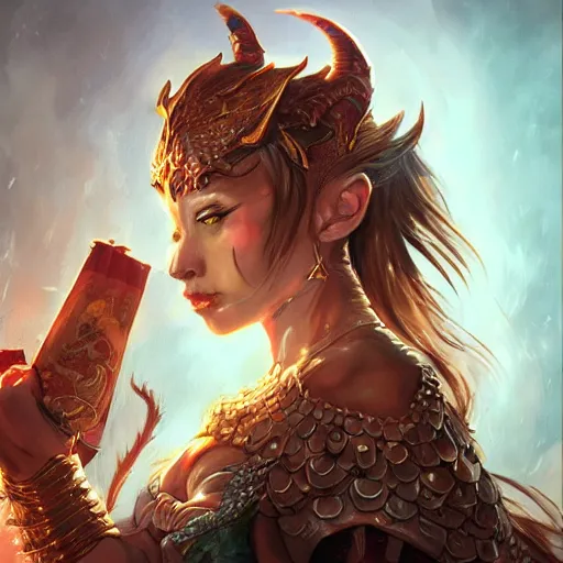 Prompt: A stunning comic book style portrait painting of a dragon goddess, in the style WLOP, 8k masterpiece, cinematic lighting, pristine and clean design, high fantasy, insanely detailed, atmospheric,