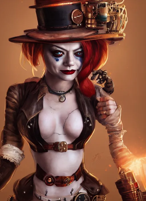 Image similar to steampunk portrait of emma stone as harley quinn, hyper detailed, digital art, trending in artstation, cinematic lighting, studio quality, smooth render, unreal engine 5 rendered, octane rendered, art style by klimt and nixeu and ian sprigger and wlop and krenz cushart.