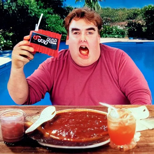 Image similar to john candy floating in pool of bbq sauce, holding up drink of bbq sauce, beckoning camera, drink rested on belly, bbq sauce heaven