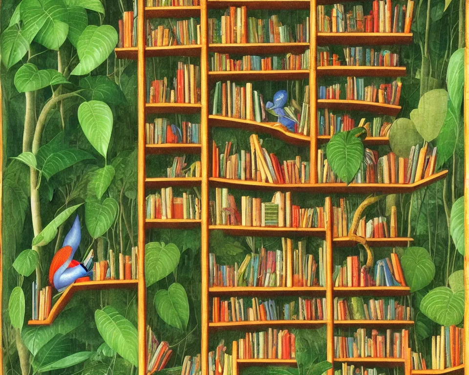 Image similar to a bookshelf in the rainforest by fra angelico. detailed, proportional, romantic, enchanting, achingly beautiful, graphic print, trending on artstation, jungle, tropical, foliage