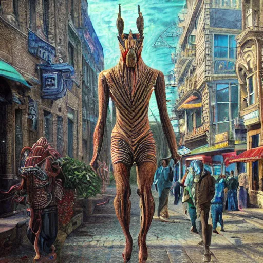 Image similar to humanoid fish man walks through the center of a city, extremely detailed oil painting, 1 9 2 0's colored pencil, highly detailed, highly accurate, deep aesthetic, 8 k, highly ornate intricate details, cinematic lighting, rich colors, beautiful scenic view, ray tracing, hyperrealistic, photorealistic, cinematic landscape, trending on artstation, concept art,