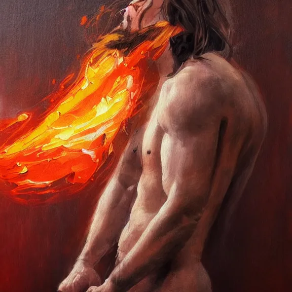 Prompt: abstract painting of man on fire. Handsome. Long hair. portrait. ArtStation. Impressionist