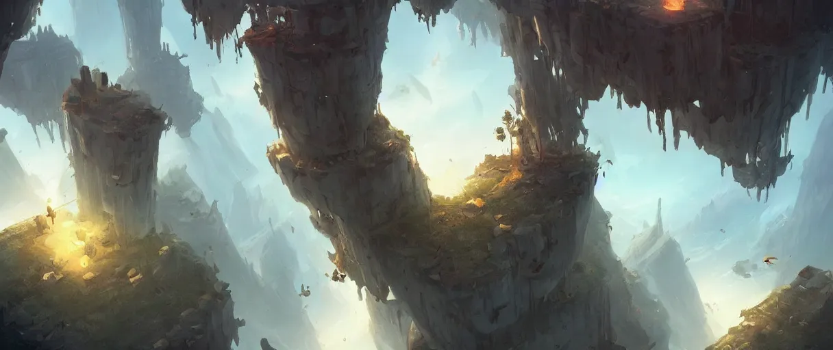 Prompt: floating islands in void concept art, low angle, cinematic, style of Jordan grimmer